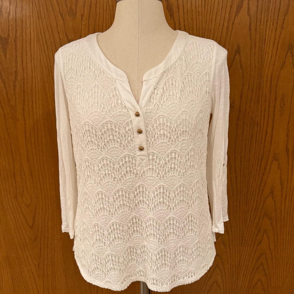 HALO Women's Small Off White Lace Overlay 3/4 Adjustable Length Top Shirt Casual